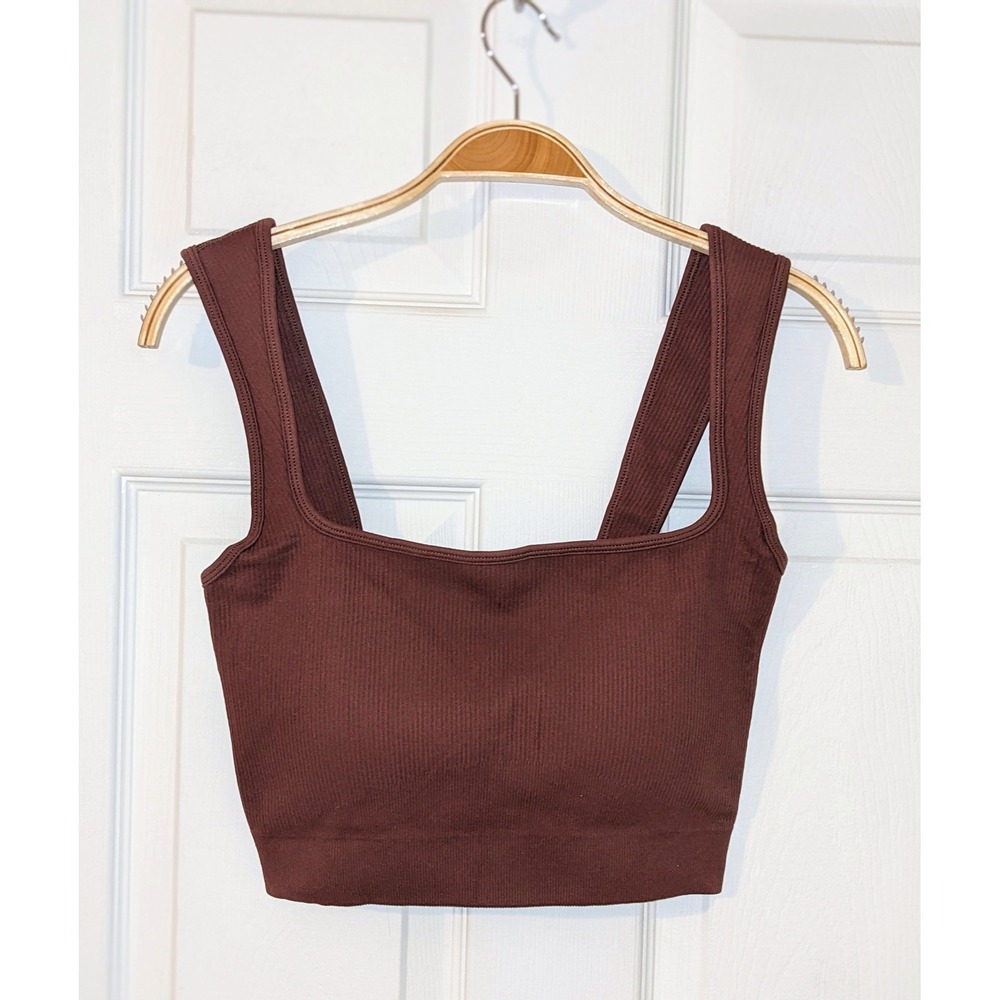 Laslulu Ribbed Cropped Tank Top Brown Square Neck Activewear Large NWT‎